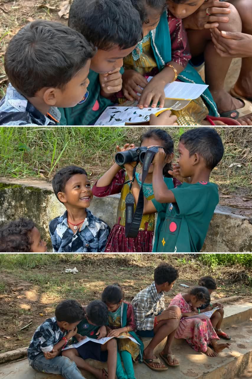 Village children share binoculars and read field guides